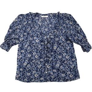 Paneros Ruffled V-Neck Floral Pleated Feminine Cottagecore SS Top Blue White, XS